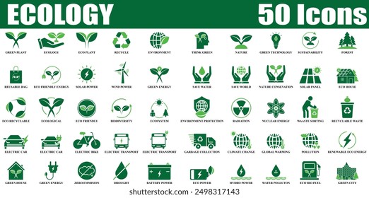 Ecology icon set. Environment, Eco friendly set of 50 icon in fill style. Editable Colorful Nature icons set isolated on white background.