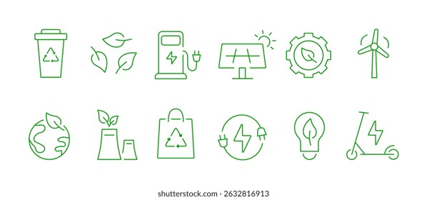 Ecology icon set. Environment, renewable natural energy. Sustainability, solar panels, electric scooter, wind energy.
Waste cleaning and recycling concept.
Vector illustration.