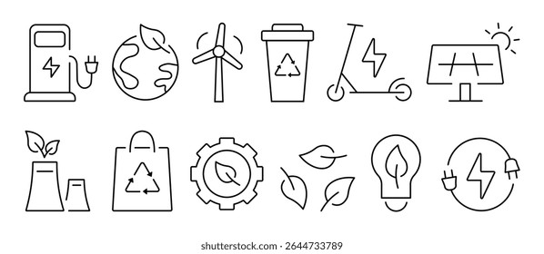 Ecology icon set. Environment, renewable natural energy. Sustainability, solar panels, electric scooter, wind energy.
Waste cleaning and recycling concept.
Vector illustration.