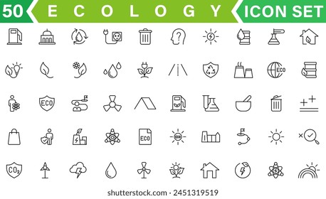 Ecology icon set. Environment, sustainability, nature, recycle, renewable energy; electric bike, eco-friendly, forest, wind power, green symbol. Solid icons vector collection