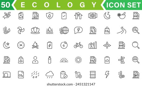 Ecology icon set. Environment, sustainability, nature, recycle, renewable energy; electric bike, eco-friendly, forest, wind power, green symbol. Solid icons vector collection