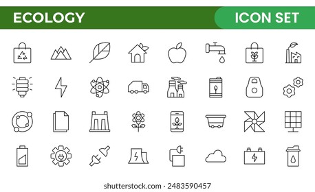 Ecology icon set. Environment, sustainability, nature, recycle, renewable energy; electric bike, eco-friendly, forest, wind power, green symbol. Solid icons vector collection.