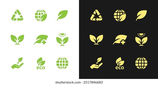 Conjunto de iconos de ecología. Medio ambiente, sostenibilidad, naturaleza, reciclaje, energía renovable, respetuoso del medio ambiente, bosque, energía eólica, símbolo verde. Colección de Vector de iconos sólidos. Vector