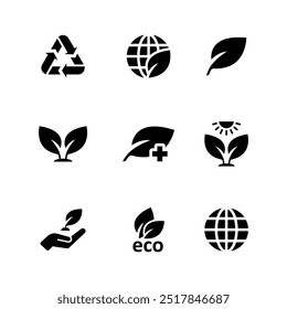 Ecology icon set. Environment, sustainability, nature, recycle, renewable energy, eco-friendly, forest, wind power, green symbol. Solid icons vector collection. Vector