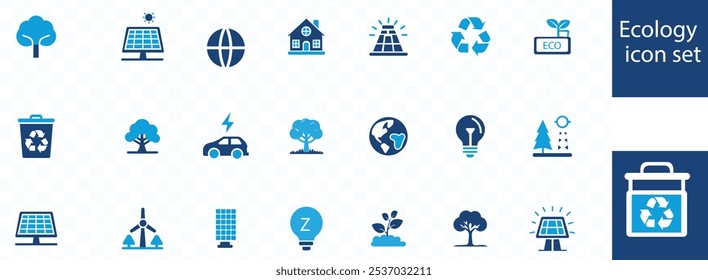 Ecology icon set. Environment, sustainability, nature, recycle, renewable energy; electric bike, eco-friendly, forest, wind power, green symbol