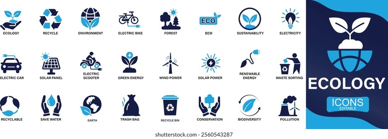 Ecology icon set. Environment, sustainability, nature, recycle ,forest You can easily change the color.