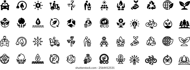 Ecology icon set. Environment, sustainability, nature, recycle, renewable energy, electric bike, Eco-friendly, forest, wind power, green symbol. vector illustration