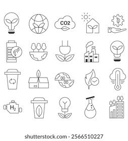 Ecology icon set. Environment, sustainability, nature, recycle, renewable energy; electric bike, eco-friendly, forest, wind power, green symbol. Solid icons vector collection.