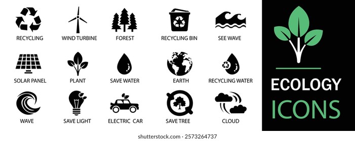 Ecology icon set. Environment, sustainability, nature, recycle, renewable energy; electric car, eco-friendly, forest, wind power, green symbol. Solid icons vector collection.