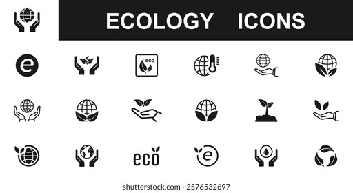 Ecology icon set. Environment, sustainability, nature, recycle, renewable energy; electric bike, eco-friendly, forest, wind power, green symbol. Environmentally friendly, green technologies. Vector