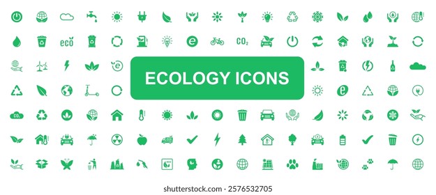 Ecology icon set. Environment, sustainability, nature, recycle, renewable energy; electric bike, eco-friendly, forest, wind power, green symbol. Environmentally friendly, green technologies. Vector