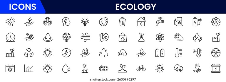Ecology icon set. Environment, sustainability, nature, recycle, renewable energy, electric bike, eco-friendly, forest, wind power, green symbol—vector collection.
