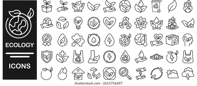 Ecology icon set. Environment, sustainability, nature, recycle, renewable energy; electric bike, eco-friendly, forest, wind power, green symbol. Solid icons vector collection