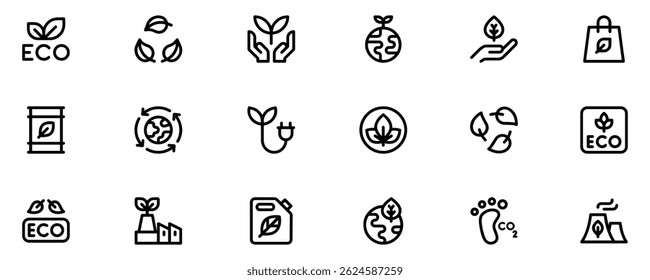 Ecology icon set. Environment, sustainability, nature, recycle, renewable energy; electric bike, eco-friendly, forest, wind power, green symbol. Solid icons vector collection. Vector Illustration. EPS