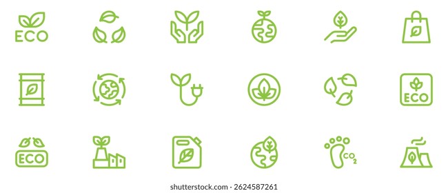 Ecology icon set. Environment, sustainability, nature, recycle, renewable energy; electric bike, eco-friendly, forest, wind power, green symbol. Solid icons vector collection. Vector Illustration. EPS