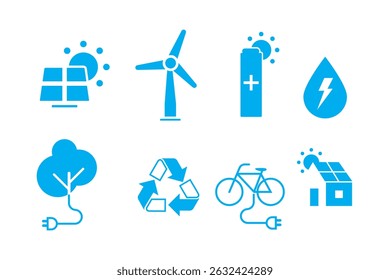 Ecology icon set. Environment, sustainability, nature, recycle, renewable energy; electric bike, eco-friendly, forest, wind power, green symbol. Solid icons vector collection.