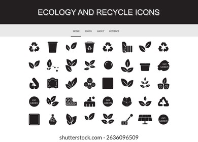Ecology icon set. Environment, sustainability, nature, recycle, renewable energy; eco-friendly, forest, wind power, green symbol. Solid icons vector collection. EPS 10