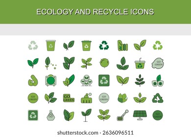 Ecology icon set. Environment, sustainability, nature, recycle, renewable energy; eco-friendly, forest, wind power, green symbol. Solid icons vector collection. EPS 10