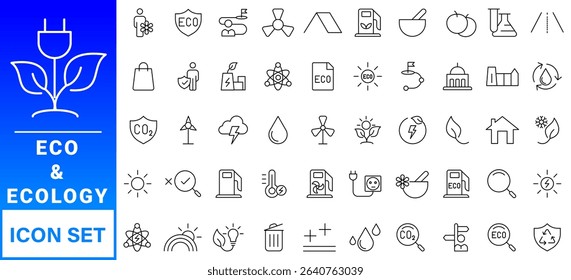 Ecology icon set. Environment, sustainability, nature, recycle, renewable energy; electric bike, eco-friendly, forest, wind power, green symbol. Solid icons vector collection