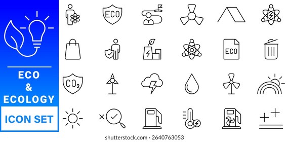 Ecology icon set. Environment, sustainability, nature, recycle, renewable energy; electric bike, eco-friendly, forest, wind power, green symbol. Solid icons vector collection