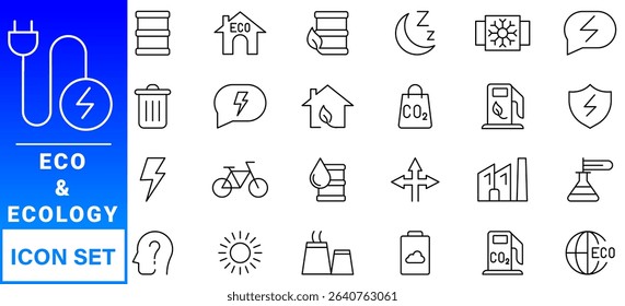 Ecology icon set. Environment, sustainability, nature, recycle, renewable energy; electric bike, eco-friendly, forest, wind power, green symbol. Solid icons vector collection