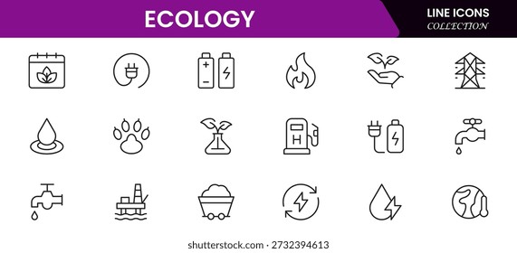 Ecology icon set. Environment, sustainability, nature, recycle, renewable energy, electric bike, eco-friendly, forest, wind power, green symbol vector collection.