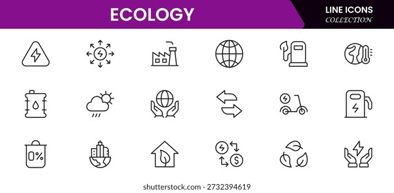 Symbolsatz für Ökologie. Umwelt, Nachhaltigkeit, Natur, Recycling, erneuerbare Energien, Elektrofahrrad, umweltfreundlich, Wald, Windkraft, grüne Symbol-Vektorgrafik.