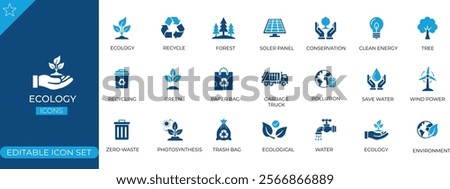 Ecology icon set for environmental protection, sustainability, panel, charge, power, green energy, nature conservation, climate awareness and eco education. Solid icon collection.