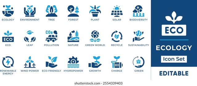 Ecology Icon Set. Features editable icons for environment symbols, nature, sustainability, eco-friendly, renewable energy, and more. Perfect for environmental, sustainability, and eco-friendly designs