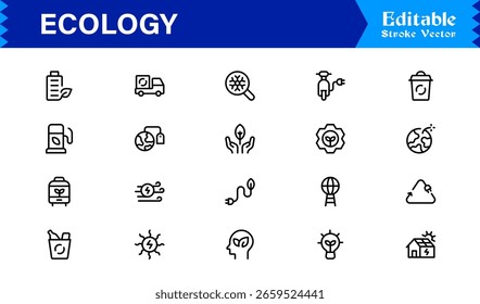 Conjunto de iconos de ecología con Naturaleza, medio ambiente y sostenibilidad en estilo de Vector para proyectos de Web, App y ambientales con Ilustraciones de línea limpia