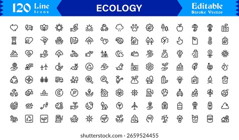 Ecology Icon Set Featuring Nature, Environment, Sustainability Symbols in Vector Style for Web, App, and Environmental Projects with Clean Line Illustrations