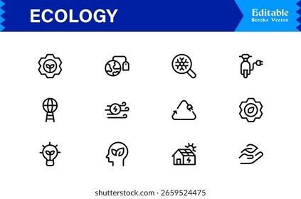 Conjunto de Ícones Ecológicos com Símbolos de Natureza, Ambiente, Sustentabilidade em Estilo Vetorial para Projetos Web, App e Ambientais com Ilustrações de Linha Limpa