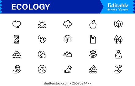 Conjunto de Ícones Ecológicos com Símbolos de Natureza, Ambiente, Sustentabilidade em Estilo Vetorial para Projetos Web, App e Ambientais com Ilustrações de Linha Limpa