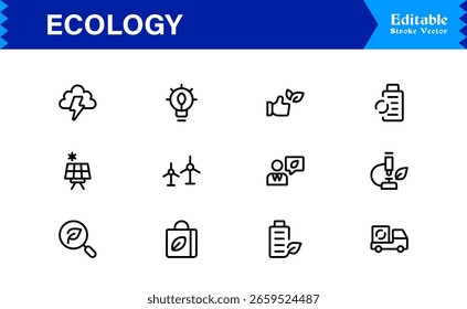 Ecology Icon Set Featuring Nature, Environment, Sustainability Symbols in Vector Style for Web, App, and Environmental Projects with Clean Line Illustrations