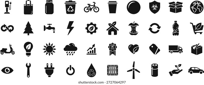 Ecology icon set featuring recycling symbols and green energy elements like solar panels, wind turbines, and eco-friendly transportation