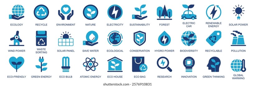 Ecology icon set in flat duotone solid icons web design. Pack pictograms with recycle, environment, nature, electricity, sustainability, forest, electric car, renewable, other. Vector illustration.