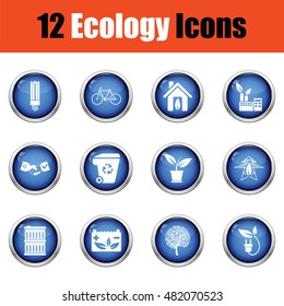 Ecology icon set.  Glossy button design. Vector illustration.