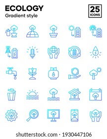 Ecology icon set with gradient color styles, including the environment, natural resources, energy, and nature. Editable vector icons