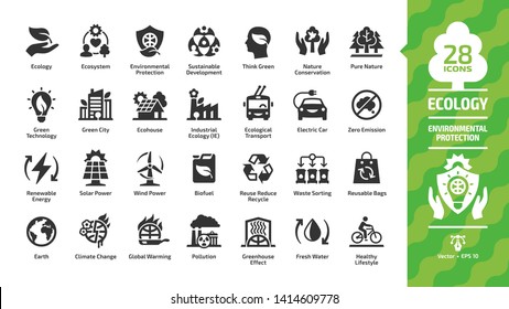 Ecology icon set with green city, ecosystem,  eco technology, renewable energy, environment protection, sustainable development, nature conservation, ecological transport and recycling glyph symbols.