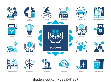 Ecology icon set. Green Energy, Recycling Plant, Solar Panels, Fauna, CO2 Reduce, Bicycle, Biofuel, Wind Energy. Duotone color solid icons