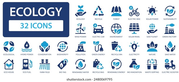 Ecology icon set. Green energy  Ecology symbol collectiom. Recycle, nature, wind power, sustainabilit