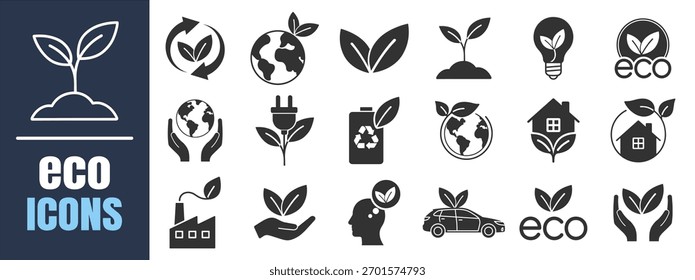 Conjunto de ícones de ecologia, coleção de símbolos de ambiente verde, energia renovável e ícones do vetor da natureza no fundo transparente