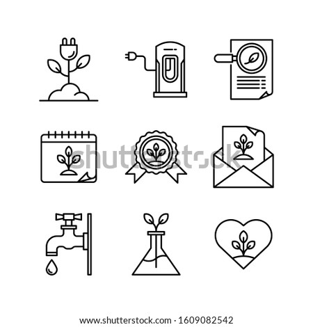 Ecology icon set = growth plug, energy station, search leaf, eco calendar, eco award, email, tap, chemistry, ecology love