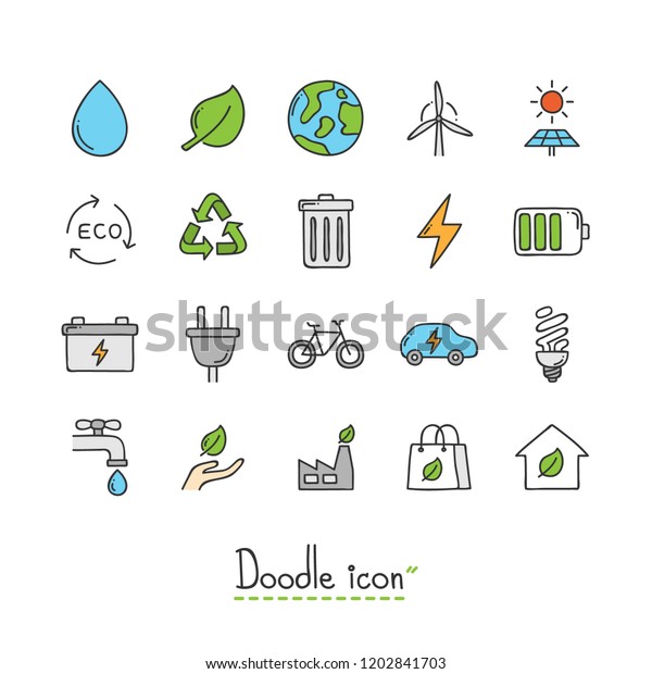 Ecology Icon Set. Hand\
Drawn Doodle Icon. 