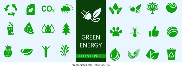Ecology icon. Set of icons for environmental protection, earth, renewable energy, leaf, recycling, green energy, green icons. Solid vector icons.