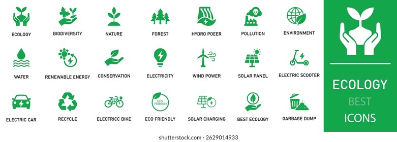 
Ecology icon set. Illustrating nature, sustainability, and renewable energy with eco-friendly symbols, recycling, biodiversity, green initiatives, and environmental conservation.