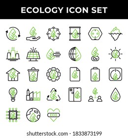 Ecology icon set include recycle, hand, power, solar panel, temperature, green house, recycle, setting,factory,processor, green earth, barrel, electric, mountain,oxygen,document,water