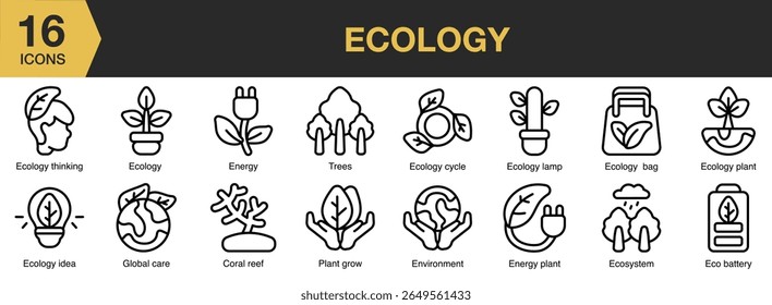 Conjunto de iconos de ecología. Incluye ecología, verde, ecológico, medio ambiente, naturaleza, reciclaje y más. Colección de Vector de iconos de contorno.