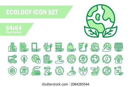 Icono de ecología aislado en fondo blanco. icono de estilo verde. 64x64 píxel perfecto. Los signos y símbolos se pueden utilizar para web, logotipo, aplicación móvil, interfaz de usuario, UX