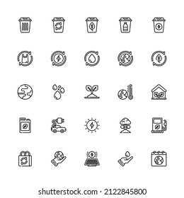 Ökologie Symbol Zeilenstil festlegen. nachhaltig, erneuerbar, pflanzenwirksam, wiederverwertbar und vieles mehr. Perfekt für Website, Apps und Präsentation